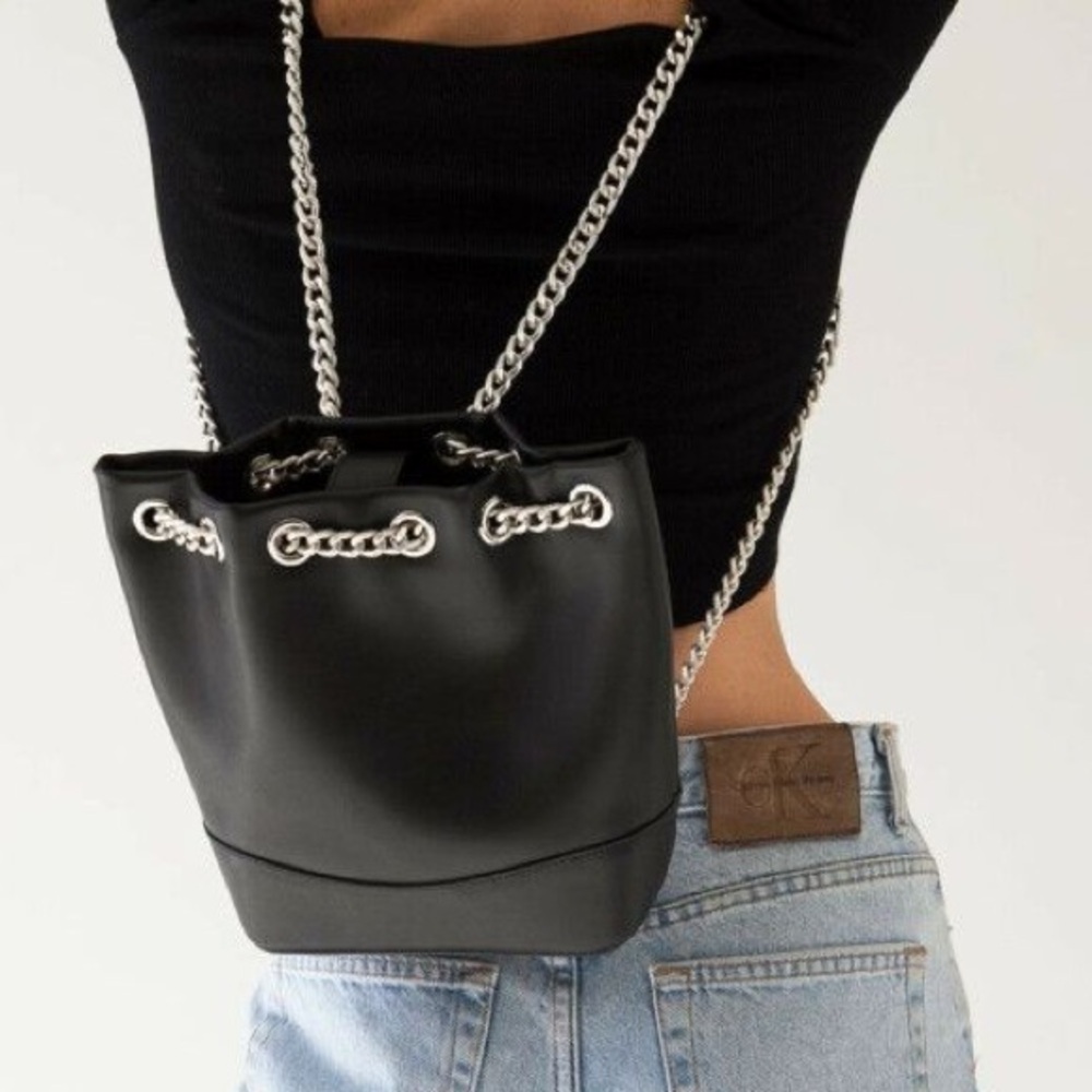 Nakedvice Patent Leather Textured Carmen Chain Black Drawstring Backpack Bag EUC
